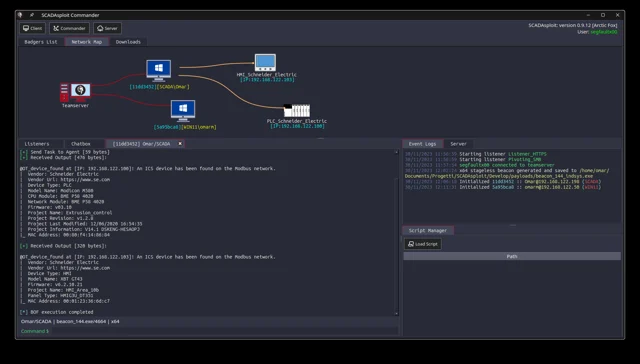 SCADAsploit Remote Commander showing connected nodes and operator panels.
